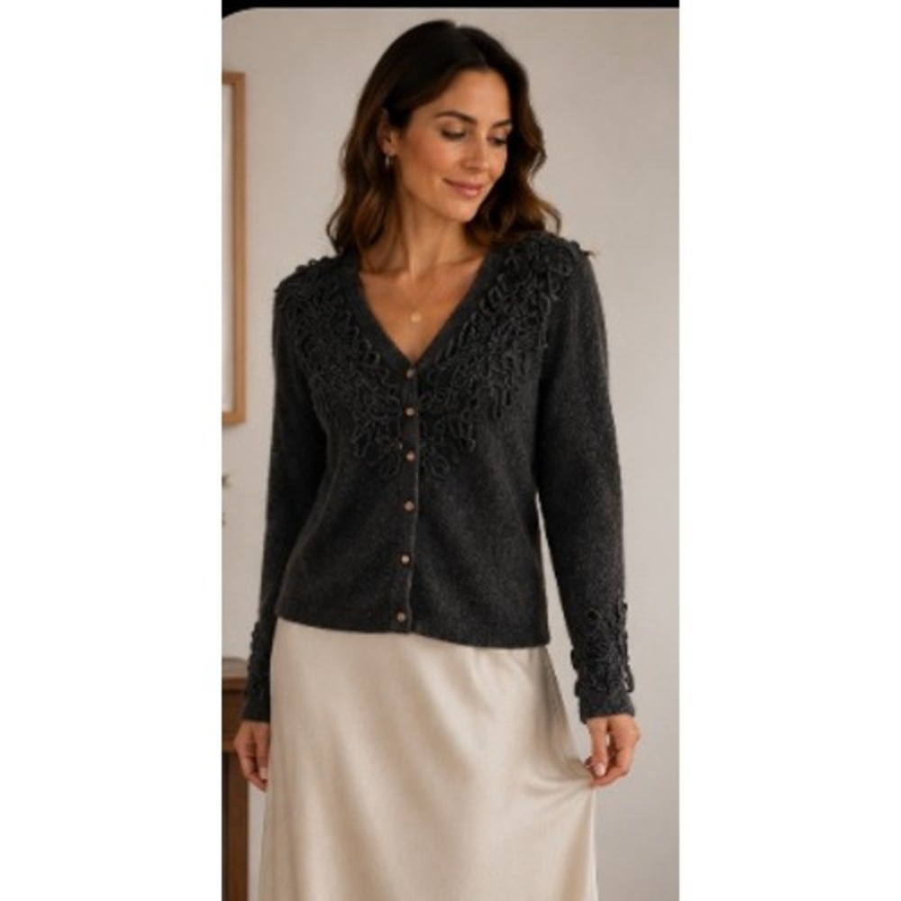 VIVID Lambswool Angora Cardigan Floral Soutache Charcoal Gray Sweater One Size